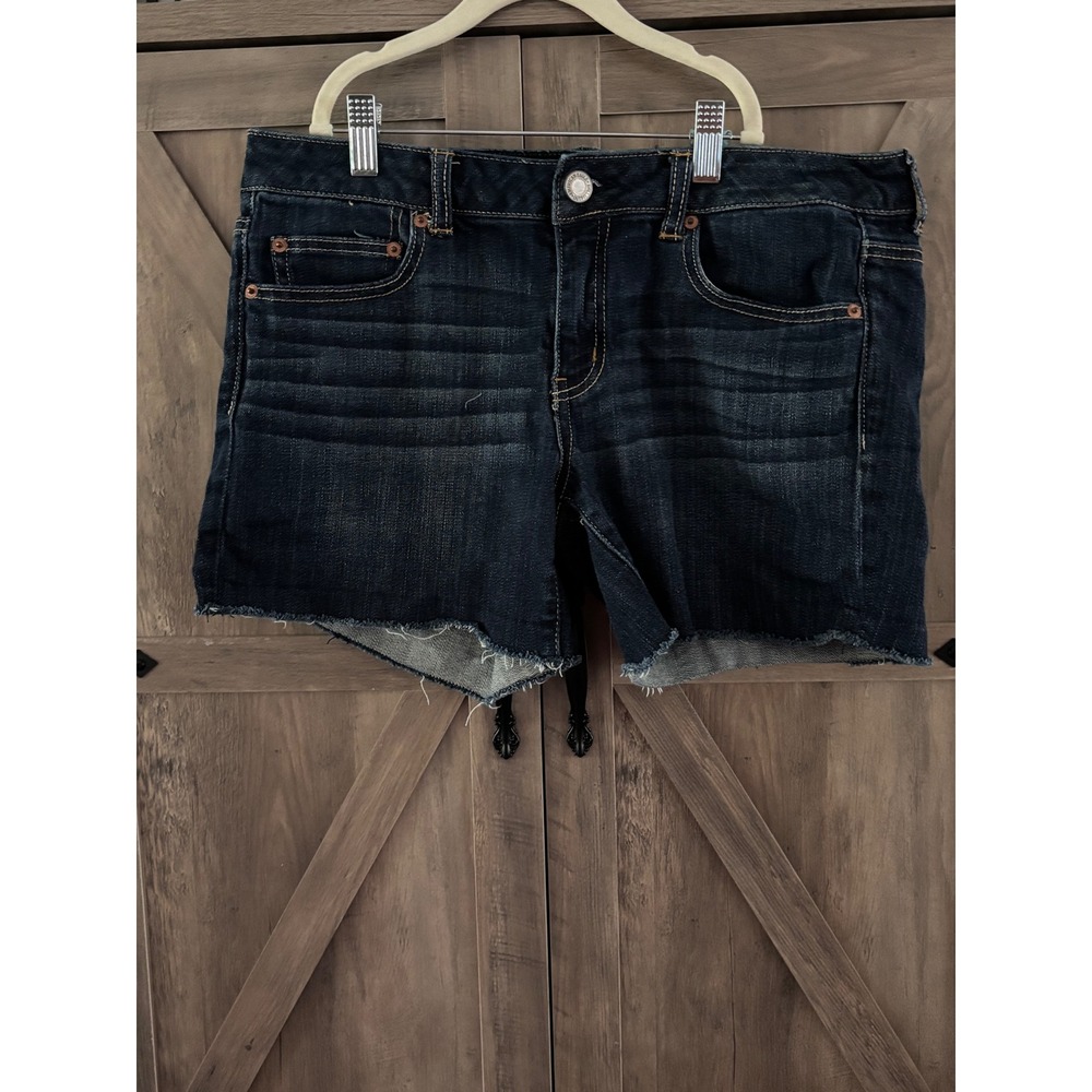 American Eagle Dark Wash Stretch Denim Cut Off Shorts Women 12 Frayed Hem